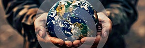 caring hands cradling the Earth, symbolizing human responsibility and commitment to nurturing and protecting the planet