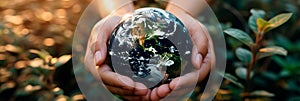 caring hands cradling the Earth, symbolizing human responsibility and commitment to nurturing and protecting the planet