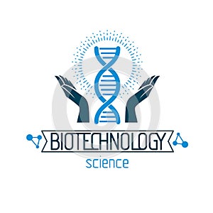 Caring hands hold a model of human DNA. Bioengineering as the di