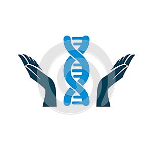 Caring hands hold a model of human DNA. Bioengineering as the direction of genetics, abstract vector scientific symbol best for