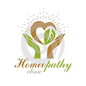 Caring hands holding heart, vector graphic .Homeopathy creative logo. Charity and volunteer concept