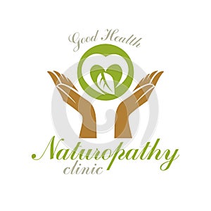 Caring hands holding heart, vector graphic symbol. Homeopathy creative logo.