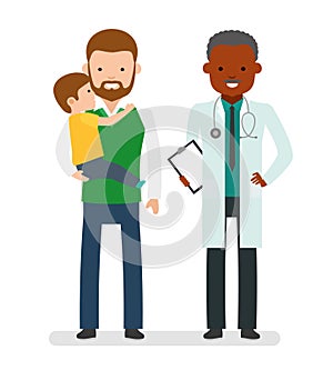 Caring for the health of the child. The pediatrician and the father with son on a white background.