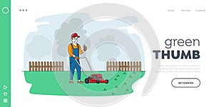 Caring of Home Backyard Cutting Trimming Grass Landing Page Template. Man Character Mow Lawn in Garden