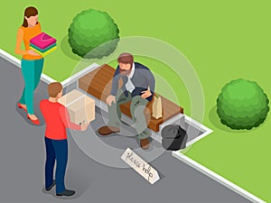 Caring for homeless. Help Homeless. Dirty homeless man holding sign asking for help. Flat 3d isometric vector