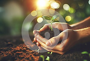 A caring human hand gently supports a tender young green plant in rich soil, symbolizing growth and eco-friendliness amidst