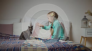 Caring little girl petting and playing with cat on bed