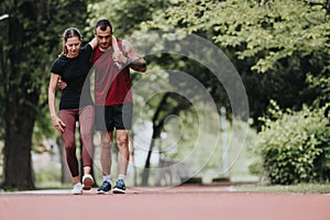 Caring man assists his injured girlfriend on a running track, showcasing support and teamwork