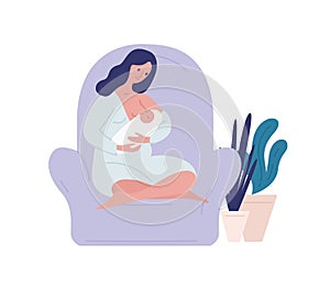 Caring mother breastfeed newborn baby at home vector flat illustration. Happy young woman feeding breast enjoying photo