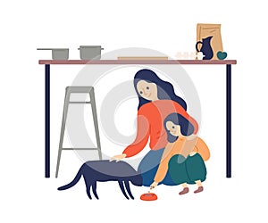 Caring mother and cute daughter feeding cat at kitchen vector flat illustration. Happy woman spending time with kid