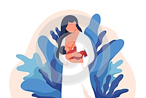 Caring mother feeding baby with breast vector flat illustration. Colorful lovely mom holding infant at abstract leaves
