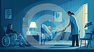 Caring Nurse in a Hospital Room at Night, Comforting Elderly Patient in Bed. Serene Healthcare Setting Illustrated. AI