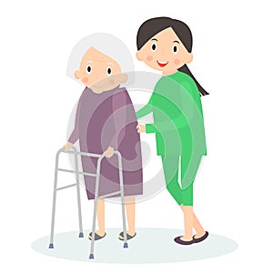 Caring for seniors, helping moving around. Elderly care. Vector illustration.