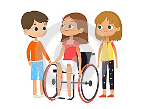 Caring and Support for the disabled child. Disabled girl sitting in a wheelchair. Disabled girl and her friends. vector