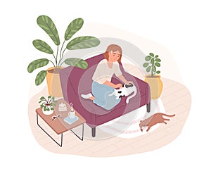 Caring woman stroking cute cat sitting on couch together vector flat illustration. Happy female owner of two pets