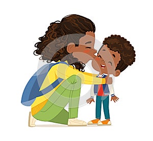 Caring young African American mother embracing kissing cute little daughter feeling love and tenderness vector flat