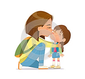 Caring young mother embracing kissing cute little daughter feeling love and tenderness vector flat