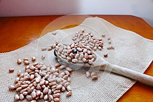 Carioca beans in a wooden spoon on the jute fabric. photo