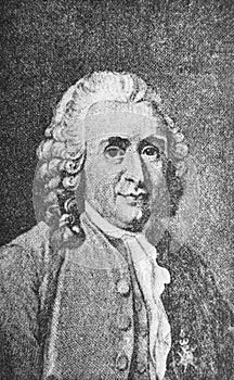 The Carl Linnaeus` portrait, a Swedish botanist, zoologist, and physician in the old book The main ideas of zoology, by E. Perier