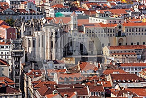 Baixa District of Lisbon, Portugal. Carmo Convent ruins, Santa Justa lift or Elevator photo
