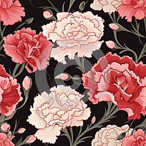 Carnation Vector Pattern: Seamless Red Carnations On Black Background