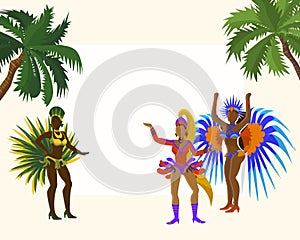 Carnaval frame for photos banner vector illustration. Carnival dancing girls in festive costume from rio de janeiro with