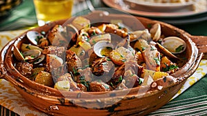 Carne de Porco à Alentejana Traditional Portuguese Dish. Marinated Pork Cooked With Clams, Potatoes And Spices