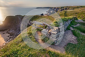 Carnewas at Bedruthan sunset from clifftop,Cornwall,Enland,United Kingdom