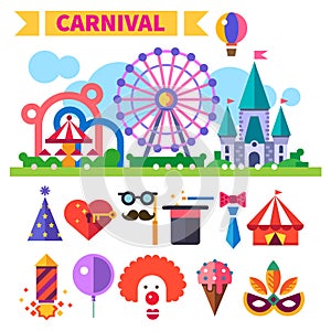 Carnival in amusement park. Vector flat icon set and illustrations