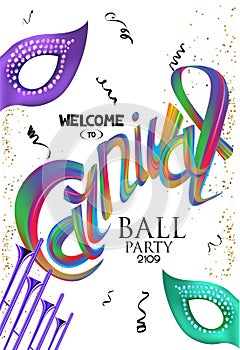 Carnival background with colorful letters, trumpets, masks and confetti.