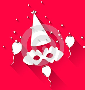 Carnival background with party hat, balloons, and mask