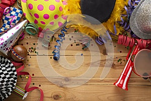 Carnival background on a wooden surface.