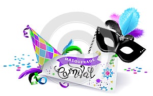 Carnival banner. Colorful carnival mask with colorful feathers, multicolored hat and sheet of paper with the calligraphic inscript photo