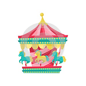 Carnival carousel with horses. Funfair attraction. Amusement park equipment. Entertainment theme. Flat vector icon