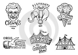 Carnival Circus badge. Banner or poster with animals. clown and elephant, ice cream and focus, magic in the tent