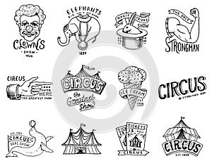 Carnival Circus badge. Harlequin with animals. clown and elephant, ice cream, magic focus in the tent. funnyman funster