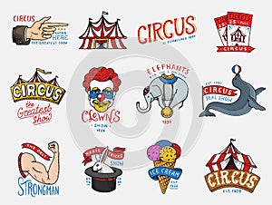 Carnival Circus badge. Harlequin with animals. clown and elephant, ice cream, magic focus in the tent. funnyman funster photo