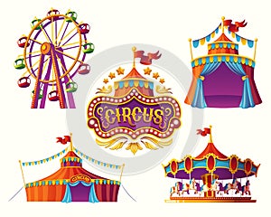 Carnival circus icons with a tent, carousels, flags.