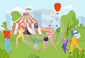 Carnival circus in park, vector illustration, amusement fair with tent, flat people charcater at outdoor entertainment