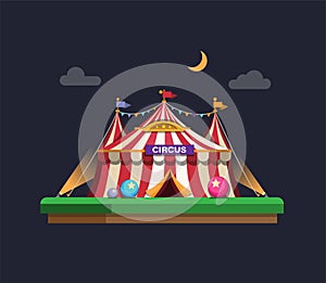 Carnival circus tent in night scene concept in cartoon flat illustration vector