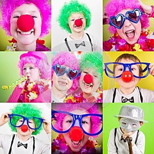 Carnival collage of photos of children with clown wig