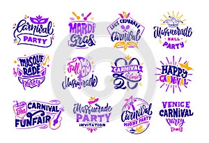Carnival collection logos, stamps, phrases, lettering compositions. Big set of Brazilian templates