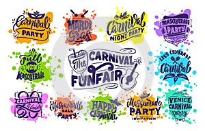 Carnival collection logos, stamps, phrases, lettering compositions. Big set of Festival templates