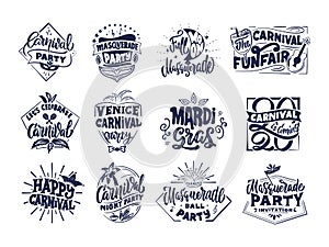 Carnival collection logos, stamps, phrases, lettering compositions. Big set of Festival templates