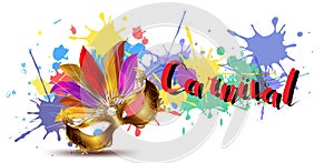 Carnival colorful party feather and text carnival,realistic masks, confetti, and splashes.Festival concept design 3d elements,