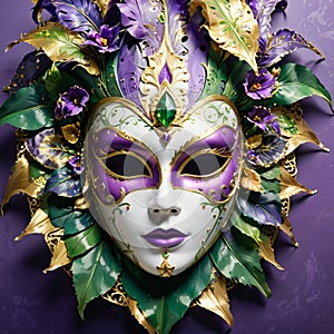 Carnival face mask with green and purple leaves