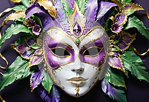 Carnival face mask with green and purple leaves