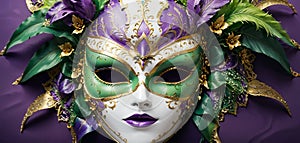 Carnival face mask with green and purple leaves