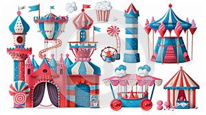 A carnival fair with a circus tent, a roller coaster, a castle, and a candy cotton cart. Modern animation of summer
