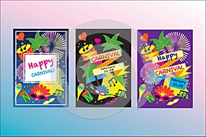 Carnival festive posters vector set. Bright confetti fireworks, masquerade symbols, Festival abstract colorful backgrou